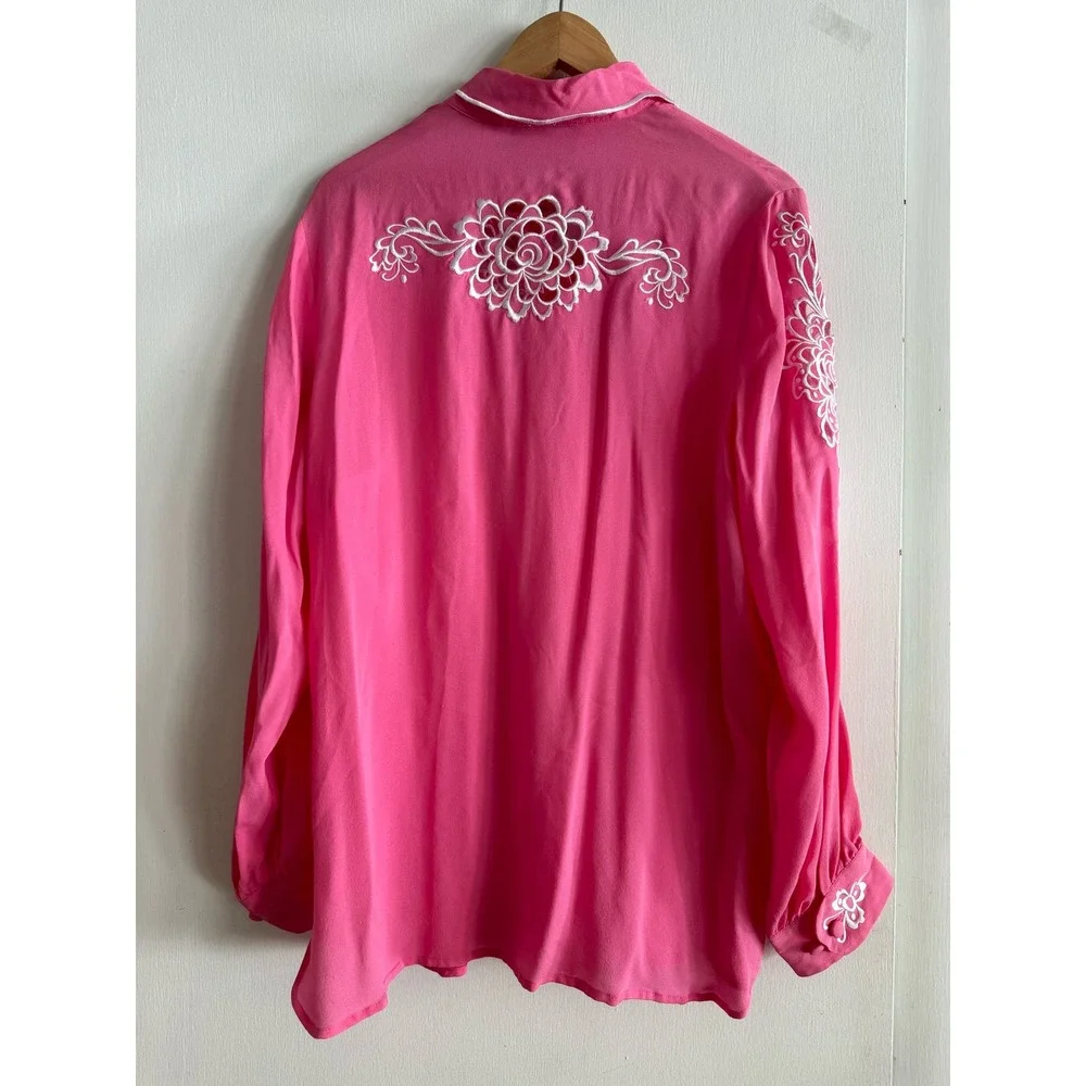 Bob Mackie Wearable Art VINTAGE 90s button down bubblegum 100% silk embroidery L - Picture 8 of 14